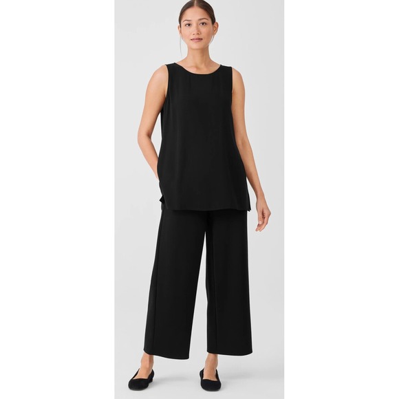 Eileen Fisher Silk Georgette Crepe Ballet Neck Tank Easy Fit Long Length Black M - Picture 2 of 10